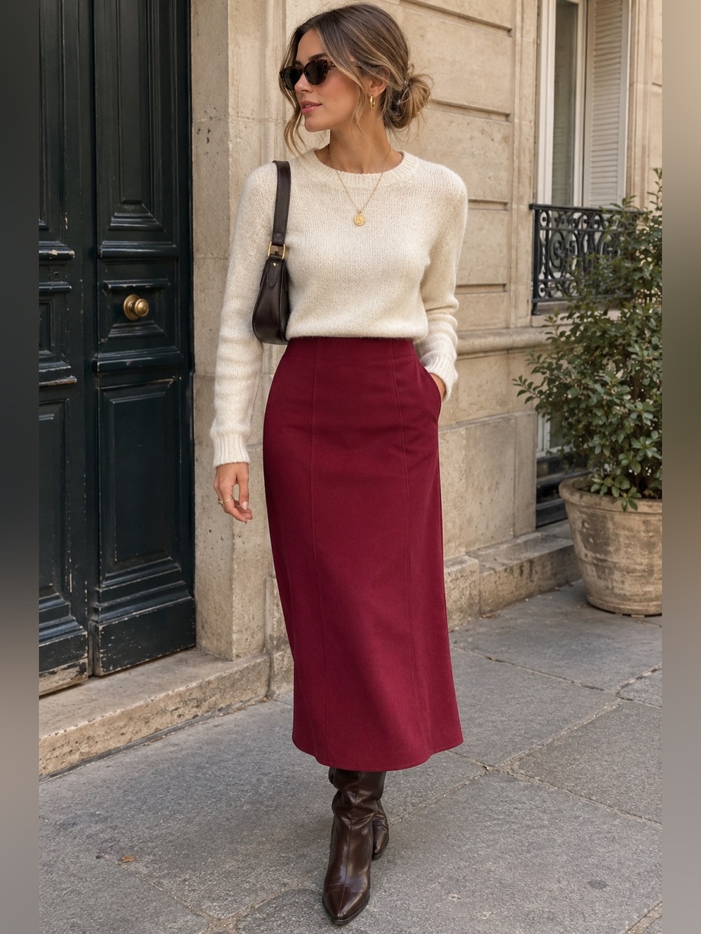 Notations Burgundy Midi Pencil Skirt